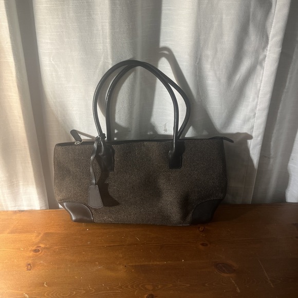 Eddie Bauer Wool Blend Leather Trim Brown/Black Chevron Purse - Picture 1 of 10